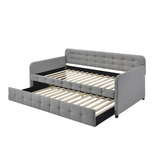 Gray Tufted Polyester Linen Twin Daybed with Trundle Gray Tufted Polyester Linen Twin Daybed with Trundle
