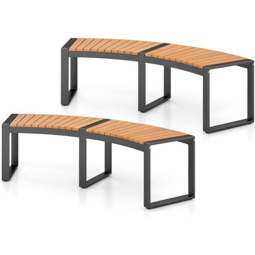 Set of 2 – Outdoor Metal Wood Backless Garden Bench with Modern Curved Design