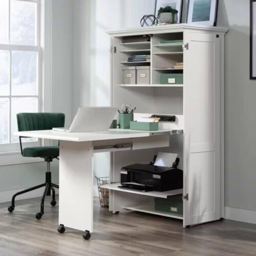 Drop Leaf Computer Desk Craft Table Armoire in White Wood Finish – Made in USA