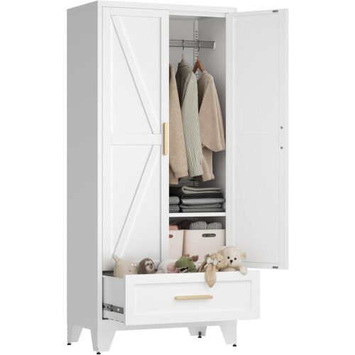 White 2-Door Wardrobe Armoire Cabinet with Storage Drawer and Hanging Rod