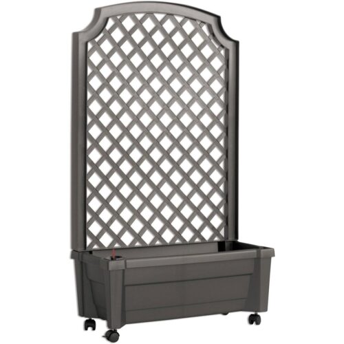 Outdoor Self-Watering Garden Planter with Trellis and Wheels in Grey Plastic