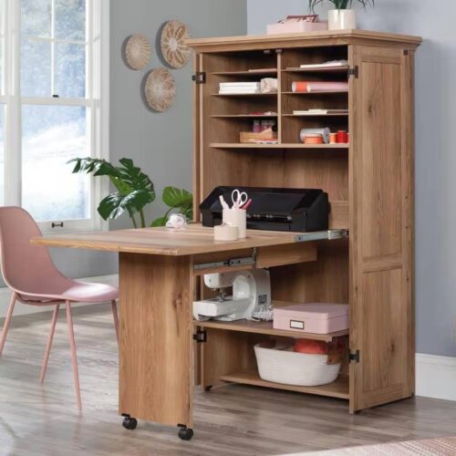 Drop Leaf Computer Desk Craft Table Armoire in Oak Wood Finish – Made in USA