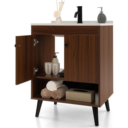 Mid-Century Modern Bathroom Vanity in Walnut Wood Finish with Sink Mid-Century Modern Bathroom Vanity in Walnut Wood Finish with Sink