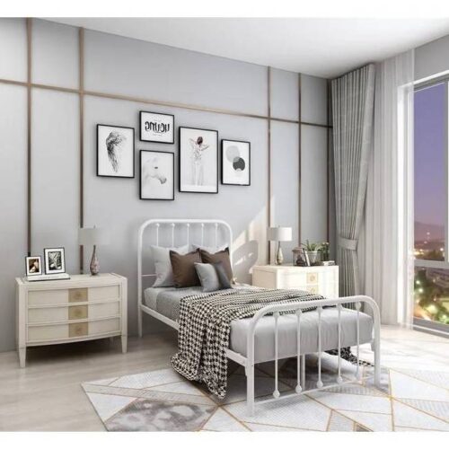 Twin White Metal Bed Frame with Slatted Rounded Corners Headboard and Footboard