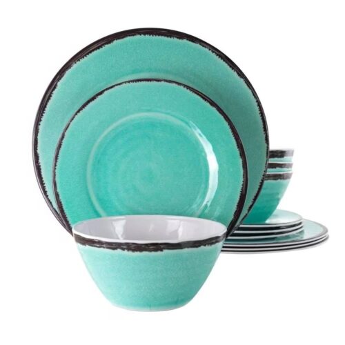 12-Piece Melamine Plates Bowls Dinnerware Set in Turquoise Blue – Service for 4