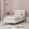 Twin size Mid-Century Platform Bed Frame with Cream Velvet Upholstered Headboard