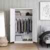 White Metal Locking Wardrobe Armoire Cabinet with Clothing Hanging Rod