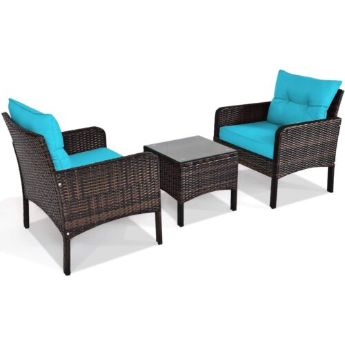 3-Piece Brown PE Rattan Outdoor Patio Furniture Dining Set w/ Turquoise Cushions 3-Piece Brown PE Rattan Outdoor Patio Furniture Dining Set w/ Turquoise Cushions