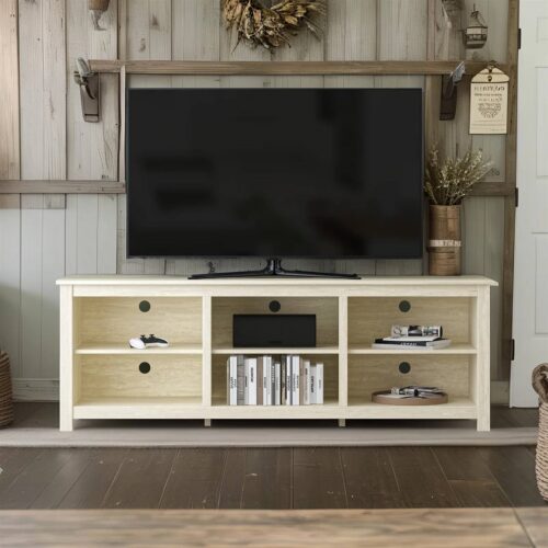Farmhouse TV Stand in Light Travertine Wood Finish – for TVs up to 70-inch