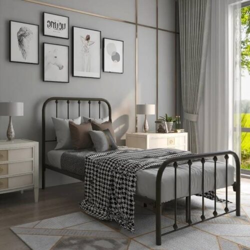 Twin Black Metal Bed Frame with Slatted Rounded Corners Headboard and Footboard Twin Black Metal Bed Frame with Slatted Rounded Corners Headboard and Footboard