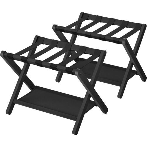 Set of 2 – Sturdy Bamboo Luggage Rack in Black Wood Finish with Lower Storage Shelf