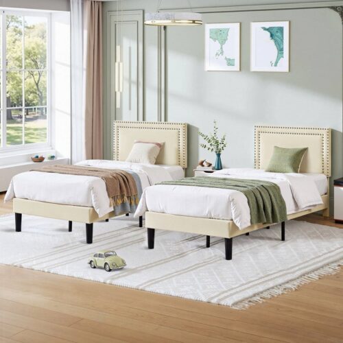 Twin Size – Set of 2  – Dorm Style Beige Tufted Upholstered Platform Beds