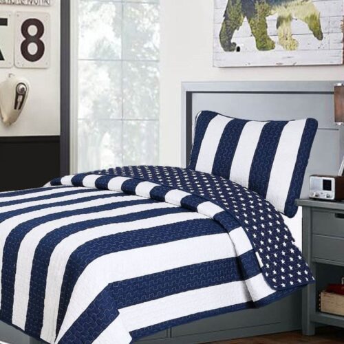 Twin 2 Piece Navy White Stars Stripes 100-Percent Cotton Reversible Quilt Set Twin 2 Piece Navy White Stars Stripes 100-Percent Cotton Reversible Quilt Set