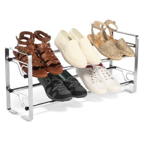 Chrome 2-Tier Modern Metal Shoe Rack – Hold up to 7 Pair of Shoes