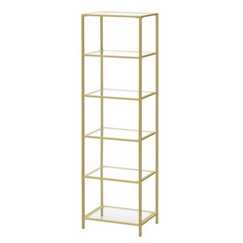 Narrow Glass Shelf Bookcase Bedroom Living Office Bath Storage Unit in Gold