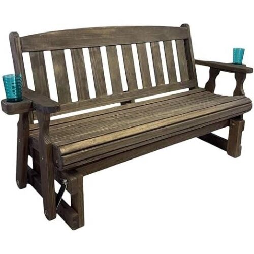 4ft Heavy Duty Porch Glider Bench with Cupholders in Dark Walnut – Made in USA