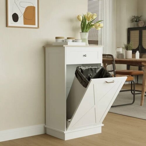Trash Can Cabinet in White Wood Finish – Accommodates 10-Gallon Trash Bin