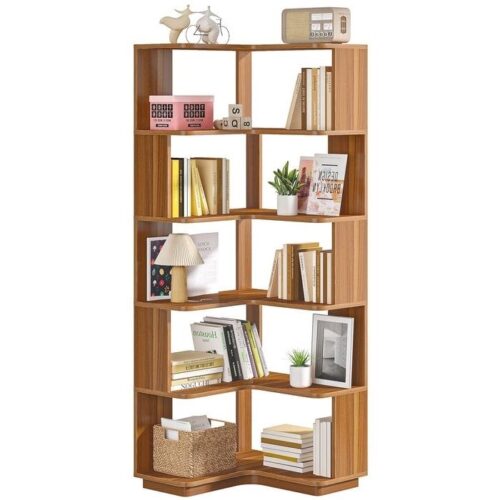 Multifunctional 6 Shelf Corner L-Shaped Bookcase in Brown Wood Finish Multifunctional 6 Shelf Corner L-Shaped Bookcase in Brown Wood Finish