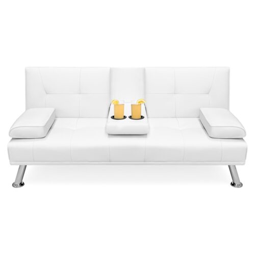 White Faux Leather Convertible Sofa Futon with 2 Cup Holders