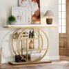 Modern Round Gold Metal Frame Foyer Console Table with White Faux Marble Shelves