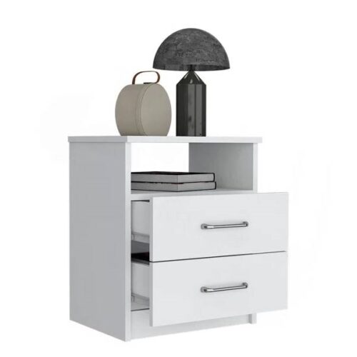 Modern 2-Drawer Nightstand with Open Shelf in White Wood Finish