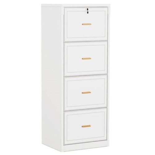 Vertical File Cabinet in White Wood Finish with 4 Lockable Storage Drawers
