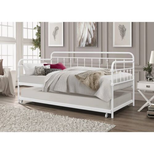 Twin size Traditional White Rounded Iron Daybed with Roll Out Trundle Bed Frame Twin size Traditional White Rounded Iron Daybed with Roll Out Trundle Bed Frame