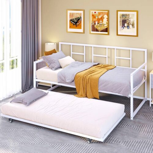 Twin size White Metal Daybed Frame with Roll Out Trundle Bed Frame