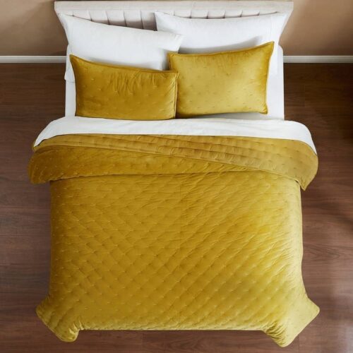 King/CAL King Size 3-Piece Mustard Yellow Velvet Embroidered Super Soft Quilt Set