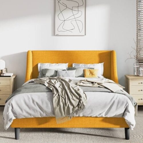 Queen Size Yellow Linen Blend Upholstered Platform Bed with Wingback Headboard Queen Size Yellow Linen Blend Upholstered Platform Bed with Wingback Headboard