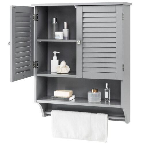 Bathroom Linen Cabinet with Storage Shelf in Grey Wood Finish